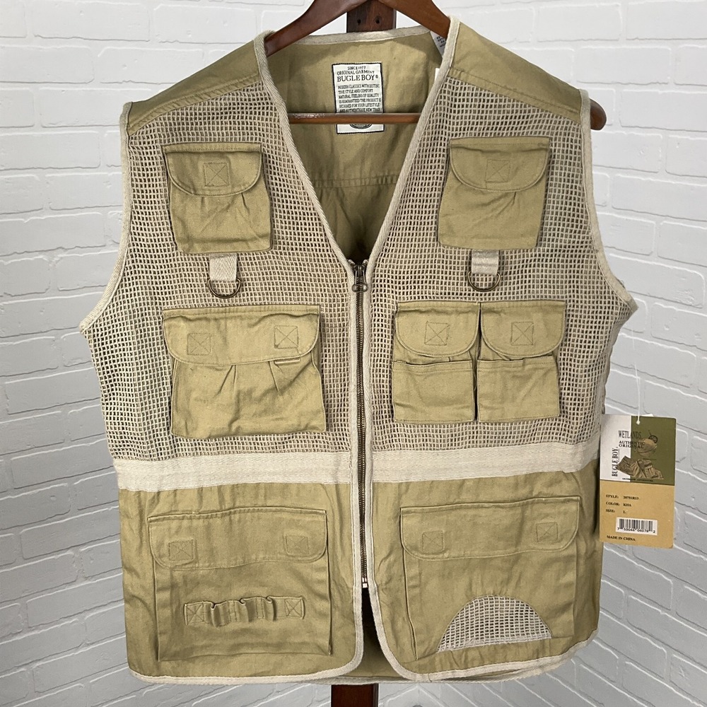 Bugle Boy Tactical Vest Men Large Khaki Wetlands Zip Outdoor Fish Hunt‎  NWT